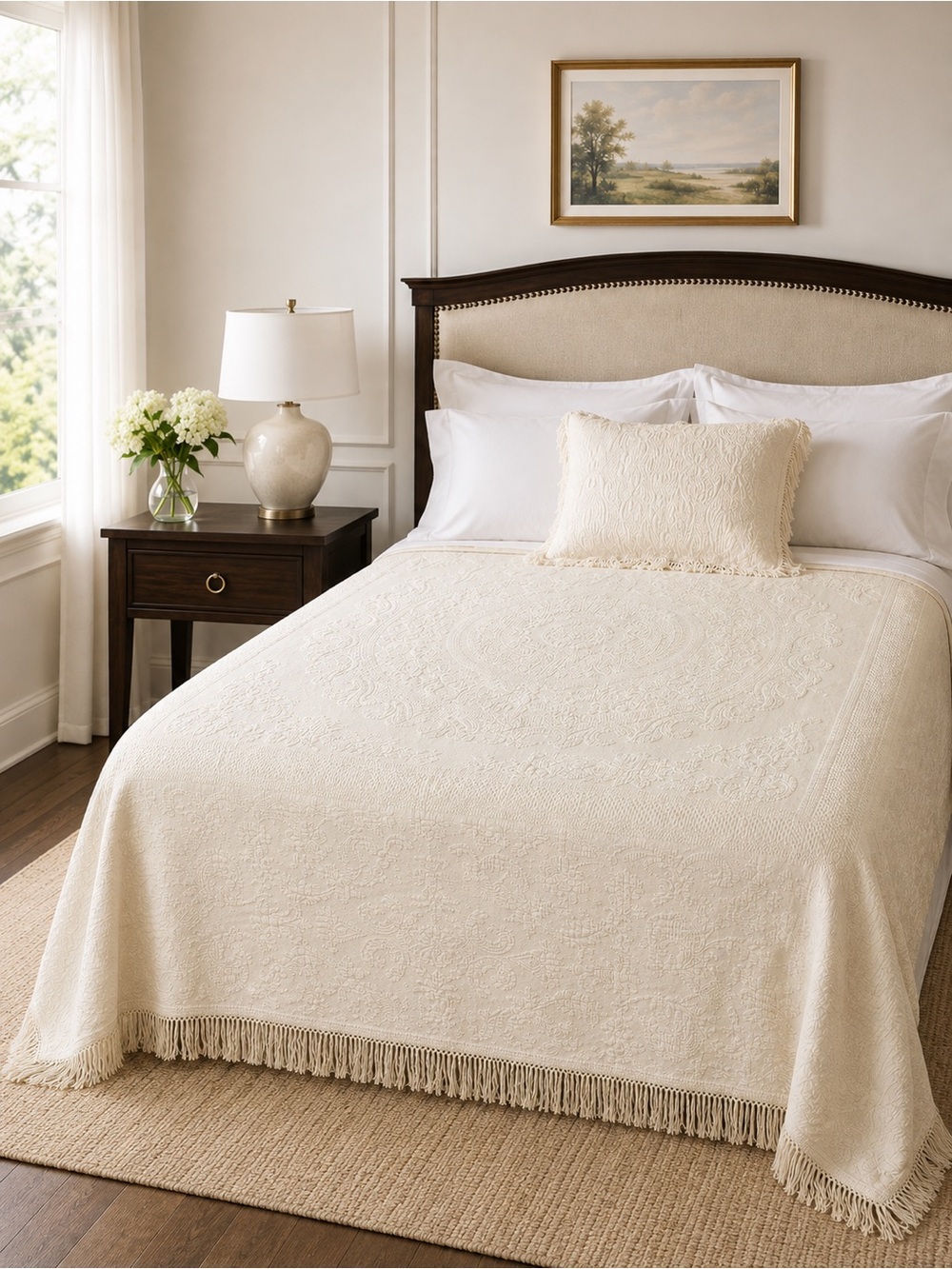Bates Queen Matelasse Bedspread Antique Cream Cotton Fringe NWOT Vintage Maine